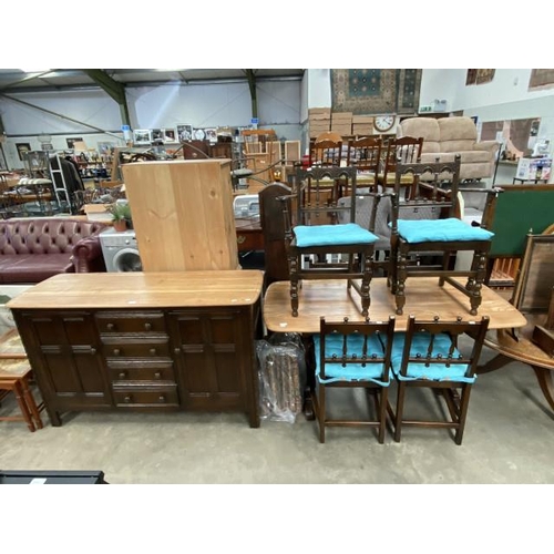 106 - Ercol (blue label) oak sideboard 90H 145W 50D, oak refectory table 72H 153W 78D and 6 Ercol 'Old Col... 