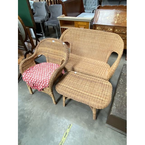 108 - 3 piece wicker conservatory suite (settee 115W, chair 63W & table 42H 74W 47D)