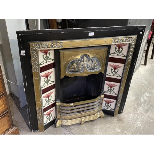 110 - Antique cast fireplace with Art Nouveau tiles and brass features 94H 95W 33D