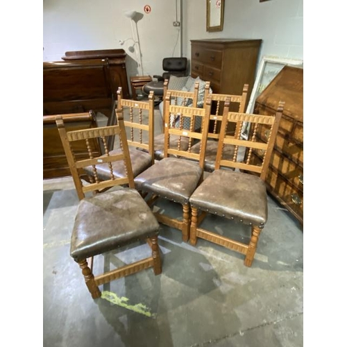 124 - 6 Nigel Griffiths of Derbyshire light oak 'No 79' spindle back chairs with leather seats, originally... 