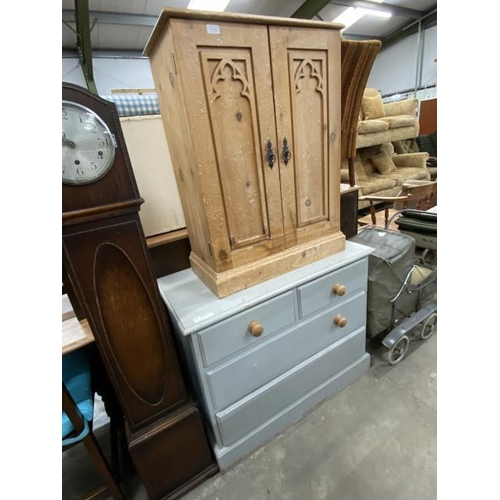 159 - Painted pine four drawer chest (3 missing handles) 73H 93W 46D and a pine two door cupboard with she... 