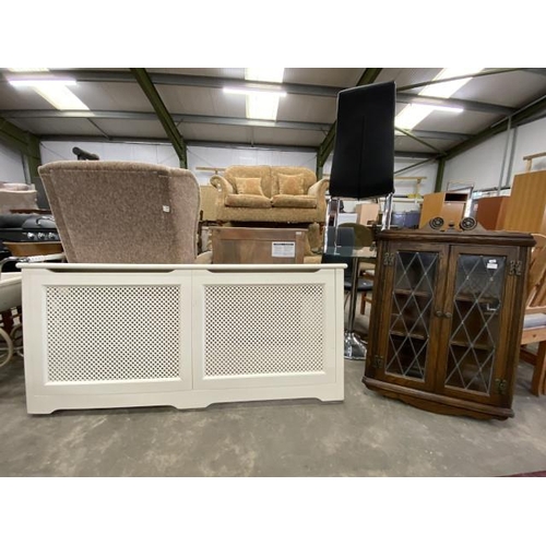 161 - Cream radiator cover 73H 162W 16D and an oak corner cupboard 100H 69W 38D