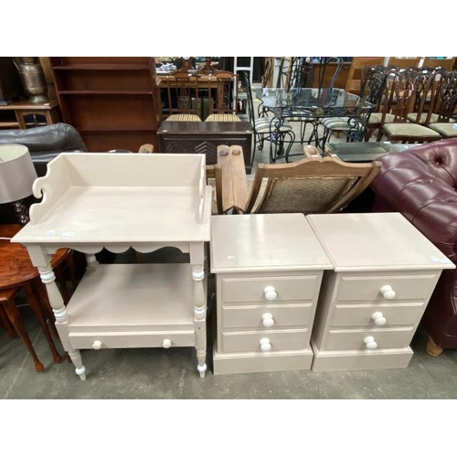 169 - 2 painted pine three drawer bedside chests 61H 45W 40D and a painted pine washstand 92H 63W 42D