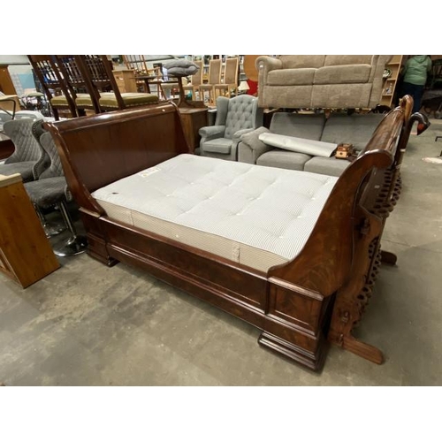 181 - Victorian burr walnut 4ft sleigh bed (as found) and a York Bedding Company Ltd ‘Minster’ mattress