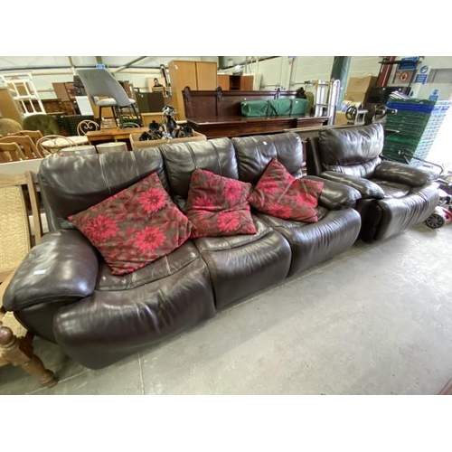 190 - Brown leather manual reclining 2 piece suite (settee 230W, armchair 112W)