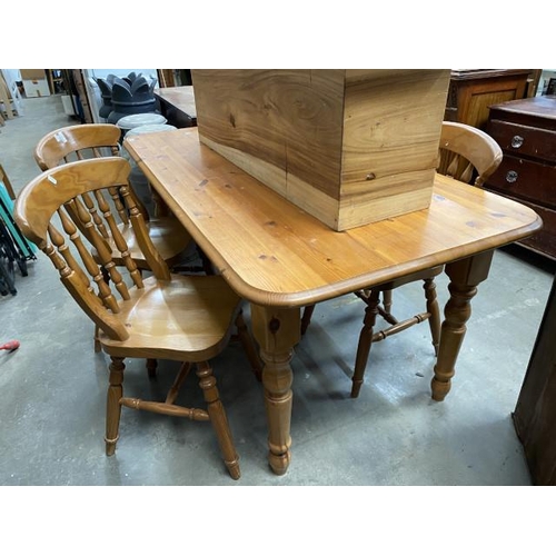 24 - Pine farmhouse kitchen table 75H 163W 86D and 4 chairs