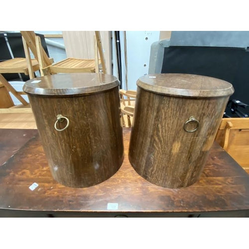 39 - 2 cylindrical oak coal barrels with lids and metal bucket liners 41H 35cm diameter (Please see addit... 