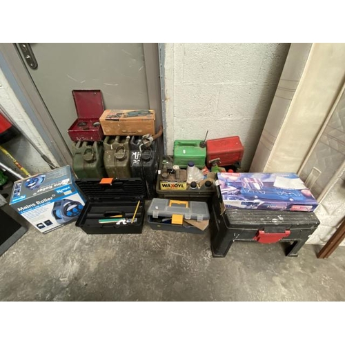 42 - Jerry cans, tool boxes, Kampa mains roller (3 sockets + USB and light) etc