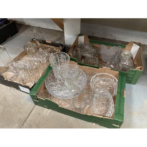 441 - 3 boxes of assorted glassware including fruit bowls, drinking glasses, cake stand, entre dishes, car... 