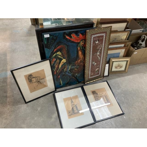 444 - Assorted framed pictures including watercolours, prints etc and a gilt bamboo framed oriental silk e... 