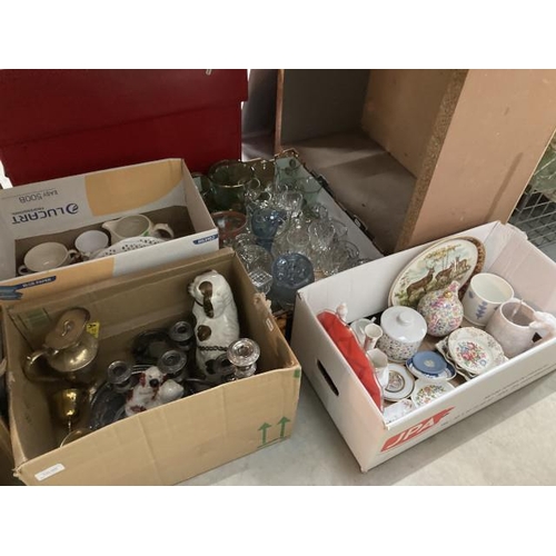 445 - 4 boxes of collectables including cut and pressed glass, silver plated candelabra, candle stick, lid... 