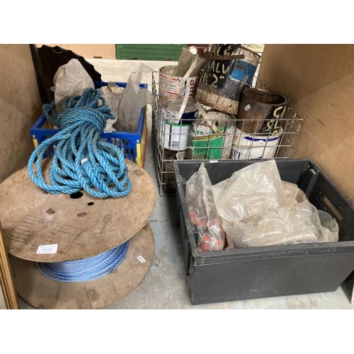 455 - 3 containers of assorted galvanised nails, bolts, washers, nails etc and a part reel of nylon draw r... 