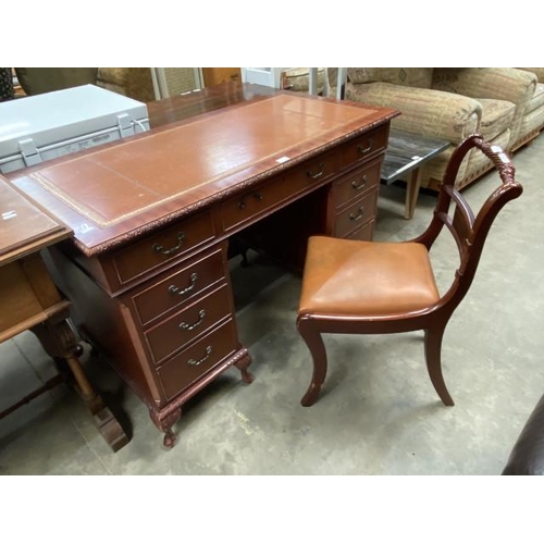 51 - Mahogany pedestal desk with brown leather inset 80H 123W 60D and  mahogany desk chair 47W