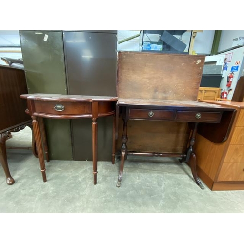 65 - Mahogany effect Demi lune hall table 75H 80W 40D and a mahogany sofa table 74H 83-143W 51D