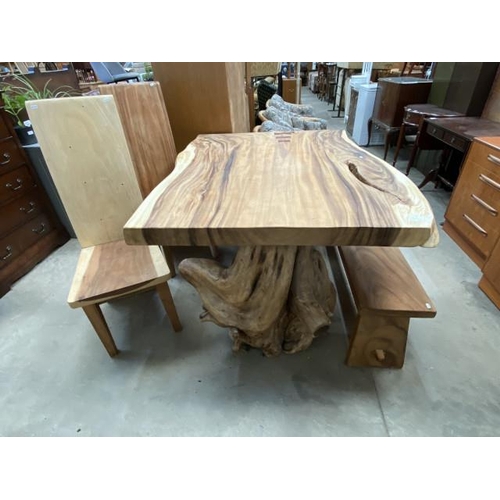 68 - Live edge teak root table 82H 152W 122D, a teak root bench 44H 141W 30D and 2 high back chairs 121H ... 