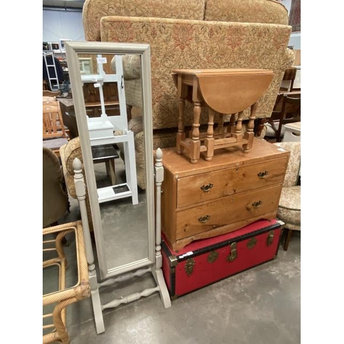 70 - Pine drop leaf table 52H 52W 30D, pine 2 drawer chest 56H 86W 39D (as found), painted cheval mirror ... 