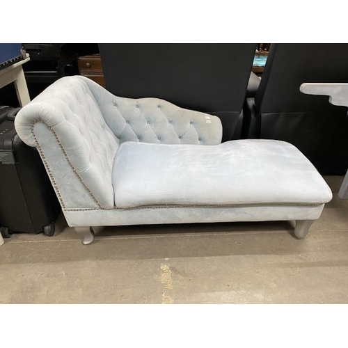 72 - Pale blue velvet upholstered Chaise Longue 70H 117W 63D