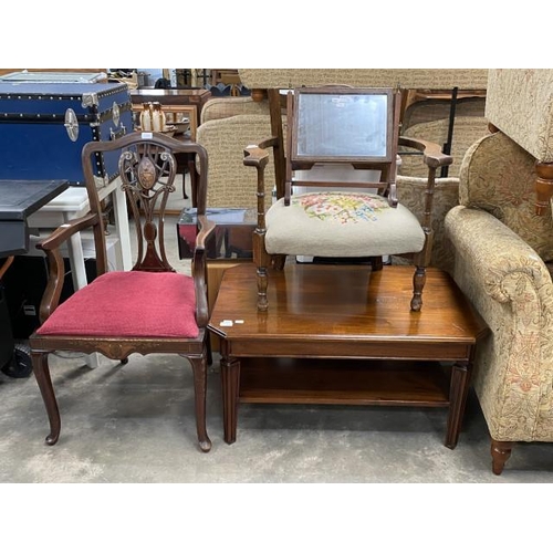 82 - Art Deco oak chair, mahogany coffee table 47H 91W 59D, Victorian mahogany inlaid side chair 55W etc