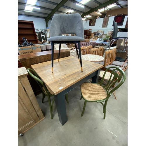 98 - Painted oak kitchen table 77H 100W 90D with 2 green Bentwood chairs and a grey upholstered chair