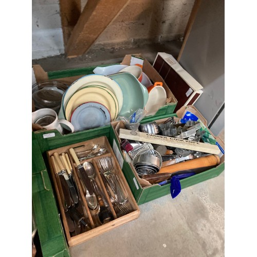 443 - Assorted kitchenalia including cafetiere's, vintage enamel plates, ice bucket, National hand mincer,... 