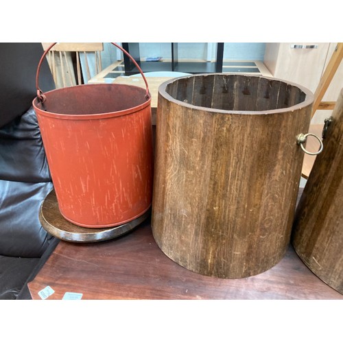 39 - 2 cylindrical oak coal barrels with lids and metal bucket liners 41H 35cm diameter (Please see addit... 