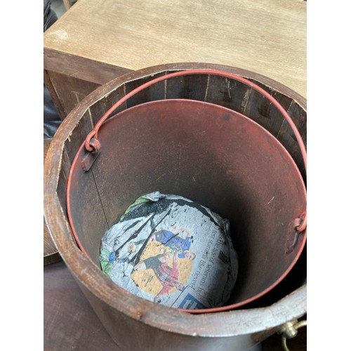 39 - 2 cylindrical oak coal barrels with lids and metal bucket liners 41H 35cm diameter (Please see addit... 