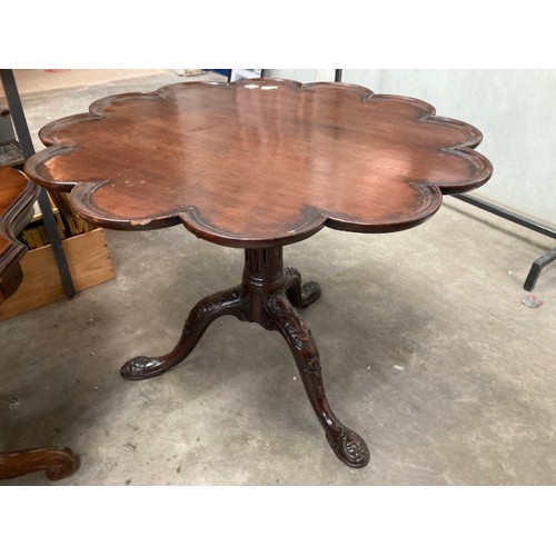 89 - George lll mahogany tilt top table with carved central column and lions head to feet 62H 80cm diamet... 