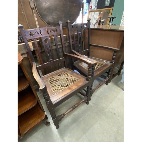 109 - Pair antique oak Bergere chairs 93H 58W 55D