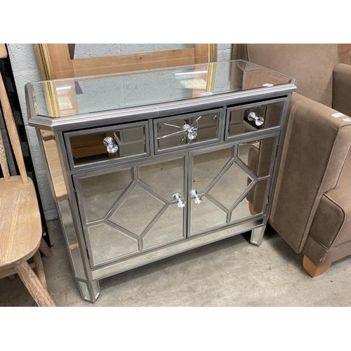 11 - Contemporary mirrored 3 drawer/2 door sideboard (glass as found) 77H 90W 40D