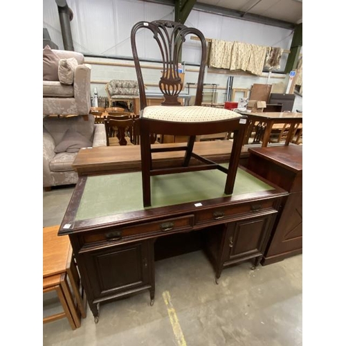 128 - Edwardian mahogany and walnut pedestal desk 76H 133W 63D and a desk chair