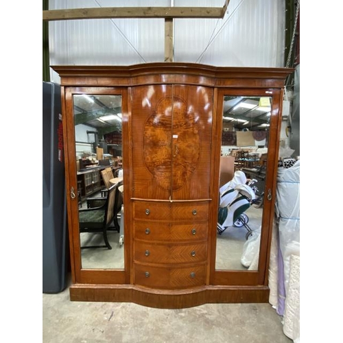 136 - Victorian satinwood mirror door triple wardrobe with one key 217H 193W 70D