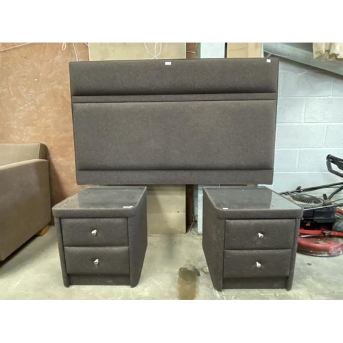 15 - 2 Stuart Jones grey/black fabric covered bedside chests with glass top 51H 48W 46D and a matching ki... 