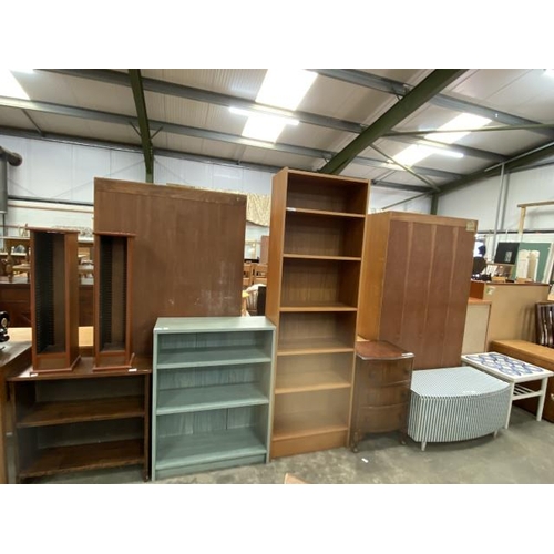 150 - Oak open bookcase 69H 68W 25D, 2 CD cabinets 75H 19W 19D, mid century teak bookcase 190H 60W 28D, ti... 