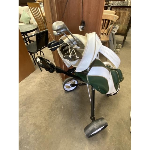 155 - Gentleman’s golf clubs - matched set (3W, 9i, 1p) with golf bag, cover, trolley, balls, tees etc