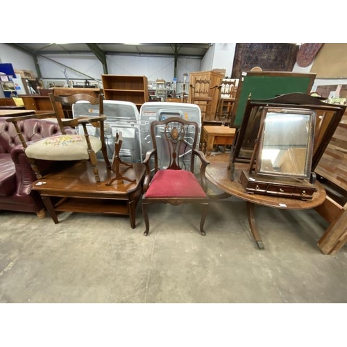 164 - Art Deco oak chair, mahogany coffee table 47H 91W 59D, Victorian mahogany inlaid side chair 55W, wal... 