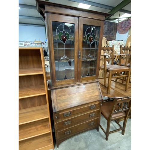 192 - Edwardian oak bureau bookcase with one key 196H 92W 40D