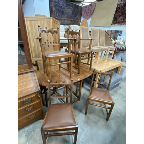 193 - Edwardian oak gate leg table 73H 46-138W 91D and 6 chairs including 2 carvers