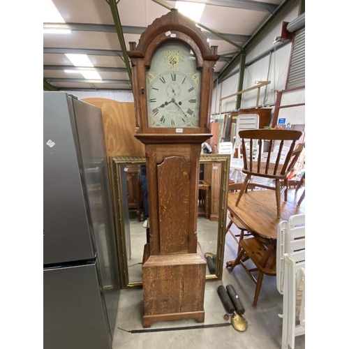 210 - Antique oak Grandfather 8 day long case clock, Burlingham with 2 weights, pendulum and winding key 2... 