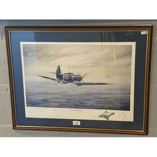 Framed print of "Brief Encounter" 7/100 signed to bottom right by M A Kinnear August 92. Also signed to bottom left by the Spitfire pilot "RED" Nichols-Palmer DFM. Certificate of Authenticity and history of picture to rear 54H x 70W