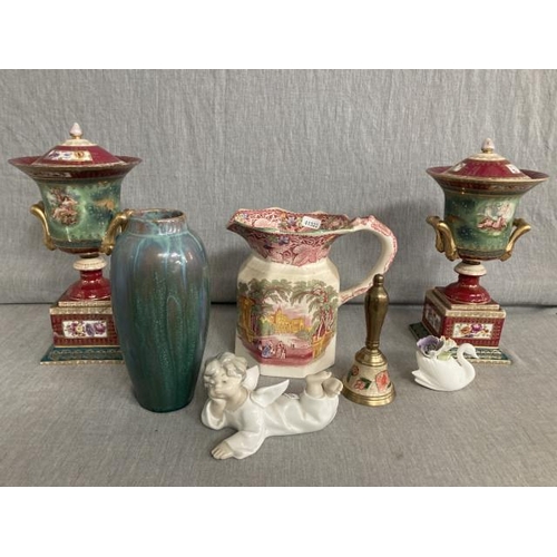 319 - Pair of Austrian two handled lidded urns, Lladro angel, Mason's 'Vista' jug, brass table bell etc.