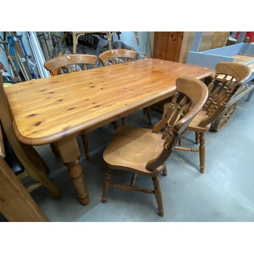 32 - Pine farmhouse kitchen table 75H 163W 86D and 4 chairs