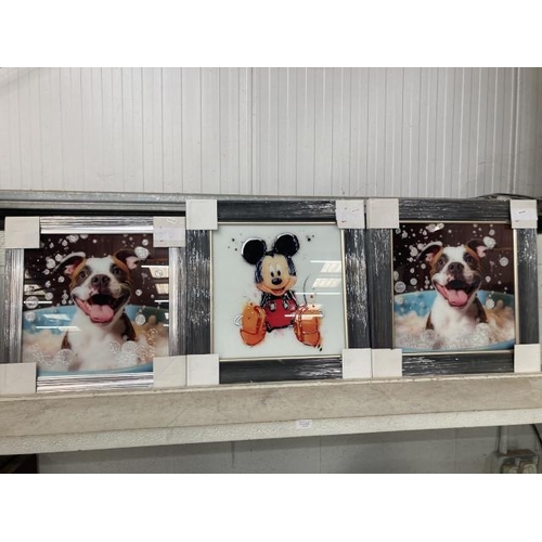 320 - 3 framed prints on glass 2 'Bubble Bath, Staffordshire Bull Terriers' & 'Mickey Mouse' 53cm square, ... 