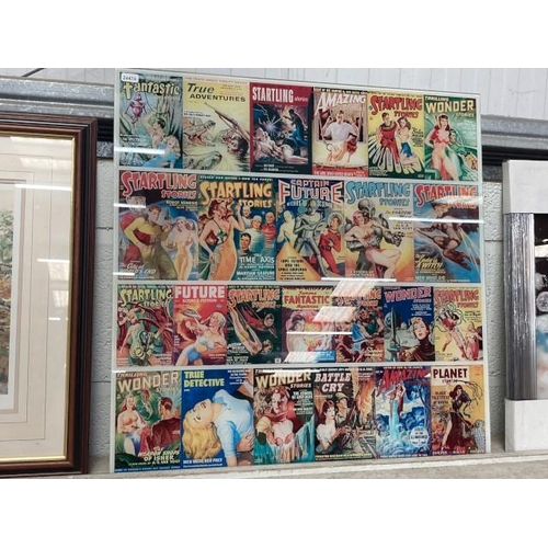 321 - Glass collage print of vintage Sci-fi comic covers, 60cm square