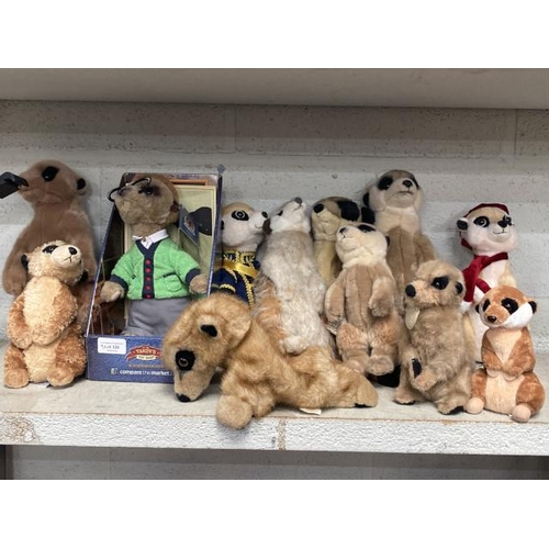 326 - 12 soft toy Meerkats inc. TY Beanie, Compare The Market, Suma etc.