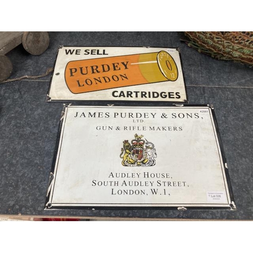 335 - Two reproduction 'James Purdey & Sons, Ltd London enamelled signs 38x25cm & 21x36cm