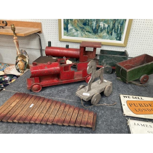 337 - Vintage wooden Xylophone, Tri-ang metal LMS locomotive, wooden horse (worm) & vintage pull along han... 