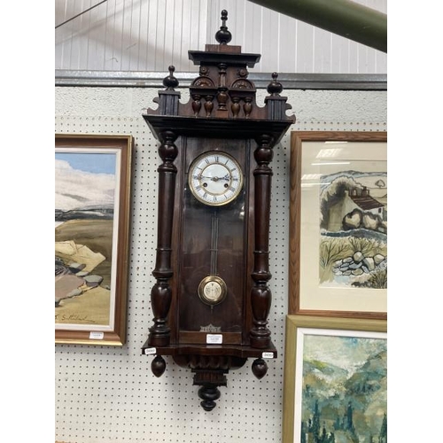 338 - Victorian mahogany cased Vienna wall clock with pendulum & key