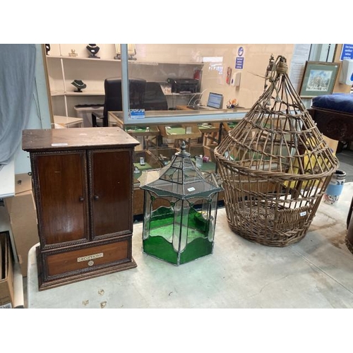 357 - Vintage rattan birdcage, leaded glass terrarium & a mahogany BBC Gecophone cabinet