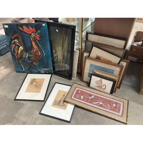 388 - Assorted framed pictures including watercolours, prints etc and a gilt bamboo framed oriental silk e... 