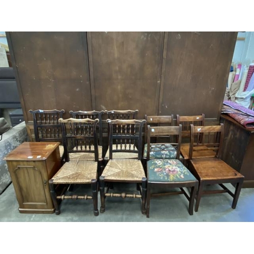 41 - 5 oak spindle back chairs 47W, 2 Victorian oak dining chairs 46W, 2 Victorian mahogany inlaid dining... 